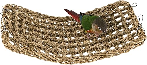 Miniatura 2 de Alfombrilla de césped para pájaros, hamaca de red tejida de césped natural para colgar en la jaula de loro con 4 ganchos, cuerda de escalada de