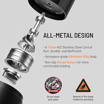 STARESSO D6E PLUS Portable Electric Coffee Grinder, Easy to Use | Low Noise, USB Rechargeable, Adjustable Grind Settings, Easy Cleaning for Espresso, French Press, Pour-Over, Cold Brew