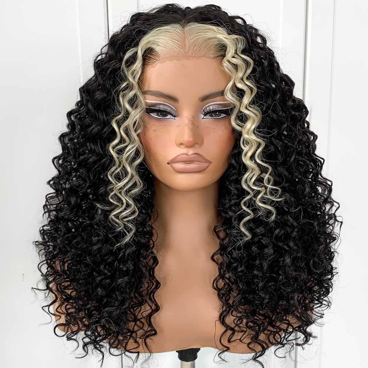 13x6 Skunk Stripe Curly Wig Wear And Go Glueless Synthetic HD Lace Front Afro Wig Pre-Plucked Pre-Cut Afro Curly Layered Wig