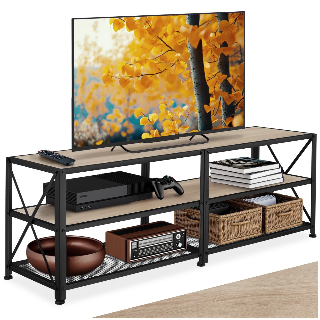 tectake® Meuble TV 141 x 41,5 x 50,5 cm, Banc TV Salon Chambre, Meuble Rangement Television, Style Industriel, 3 Niveaux Ouverts et Fond grillagé, Meubles de Salon pour télévision, Bois Clair