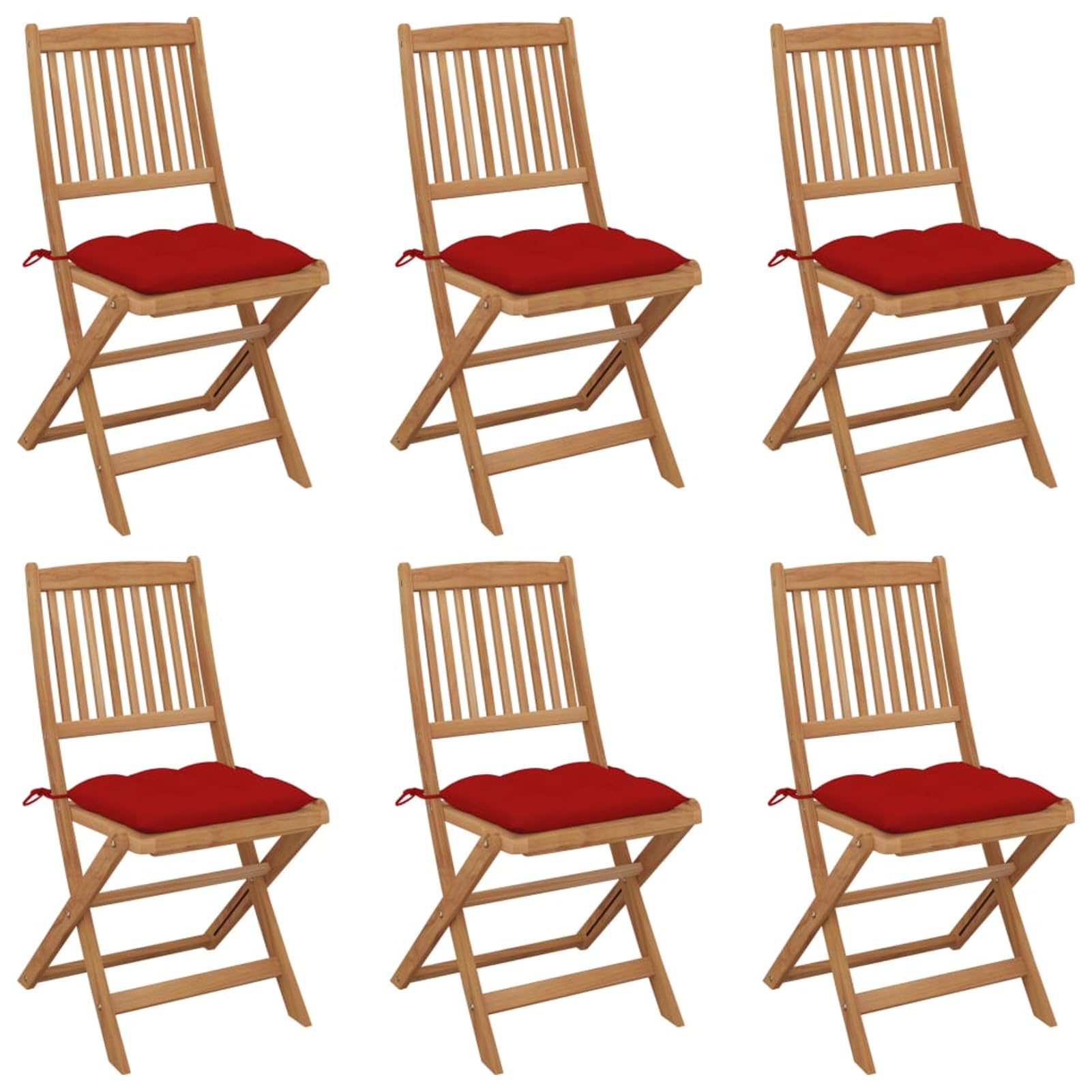Chaises de jardin pliantes lot de 6 en acacia avec coussin rouge extérieur