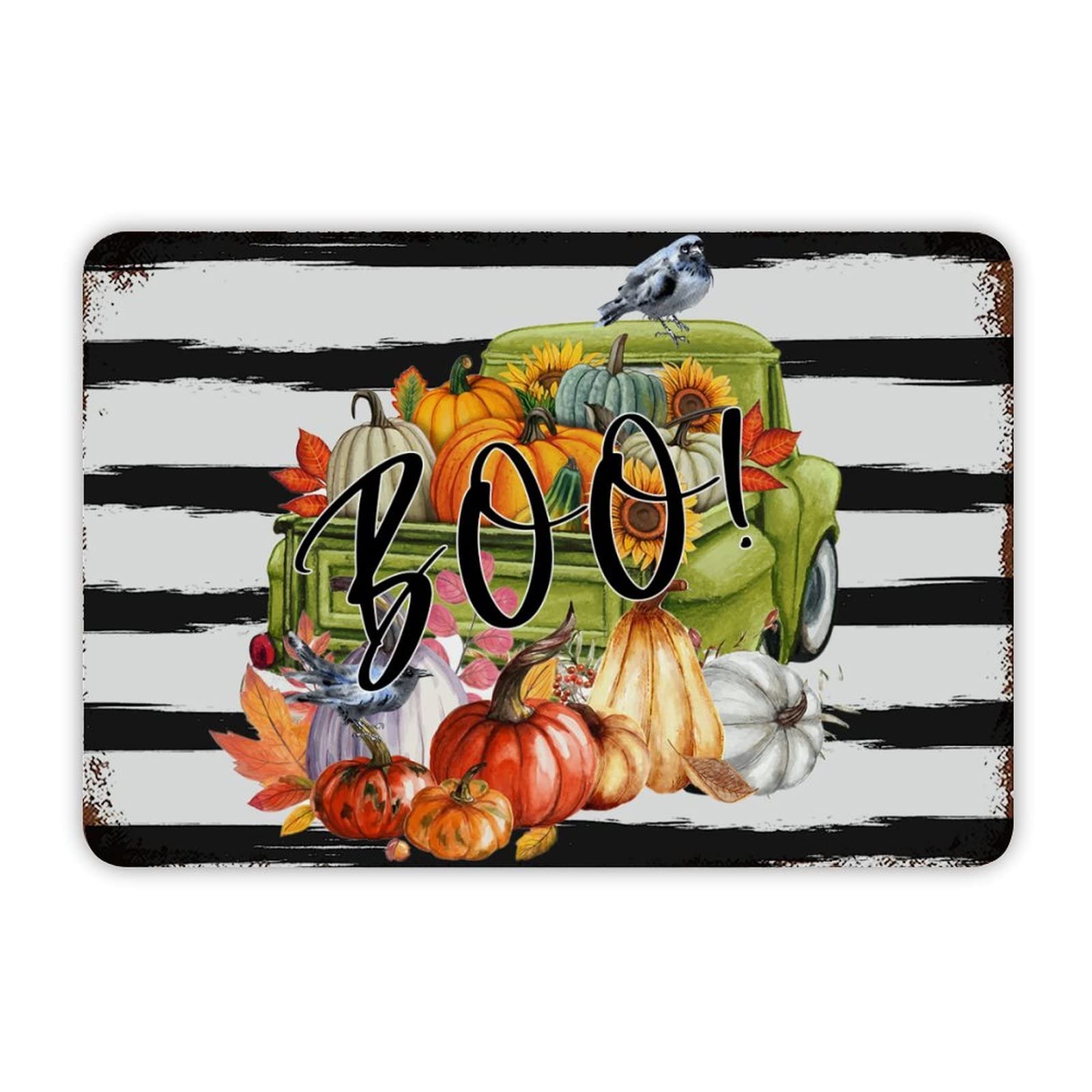 ENEDNATE Farmhouse Man Cave Metal Sign Happy Halloween Crow Pumpkins Boo Stripe Retro Aluminum Tin Metal Signs for Indoor & Outdoor Yard Office Kitchen Living Room Door Home Décor 8x12 Inch
