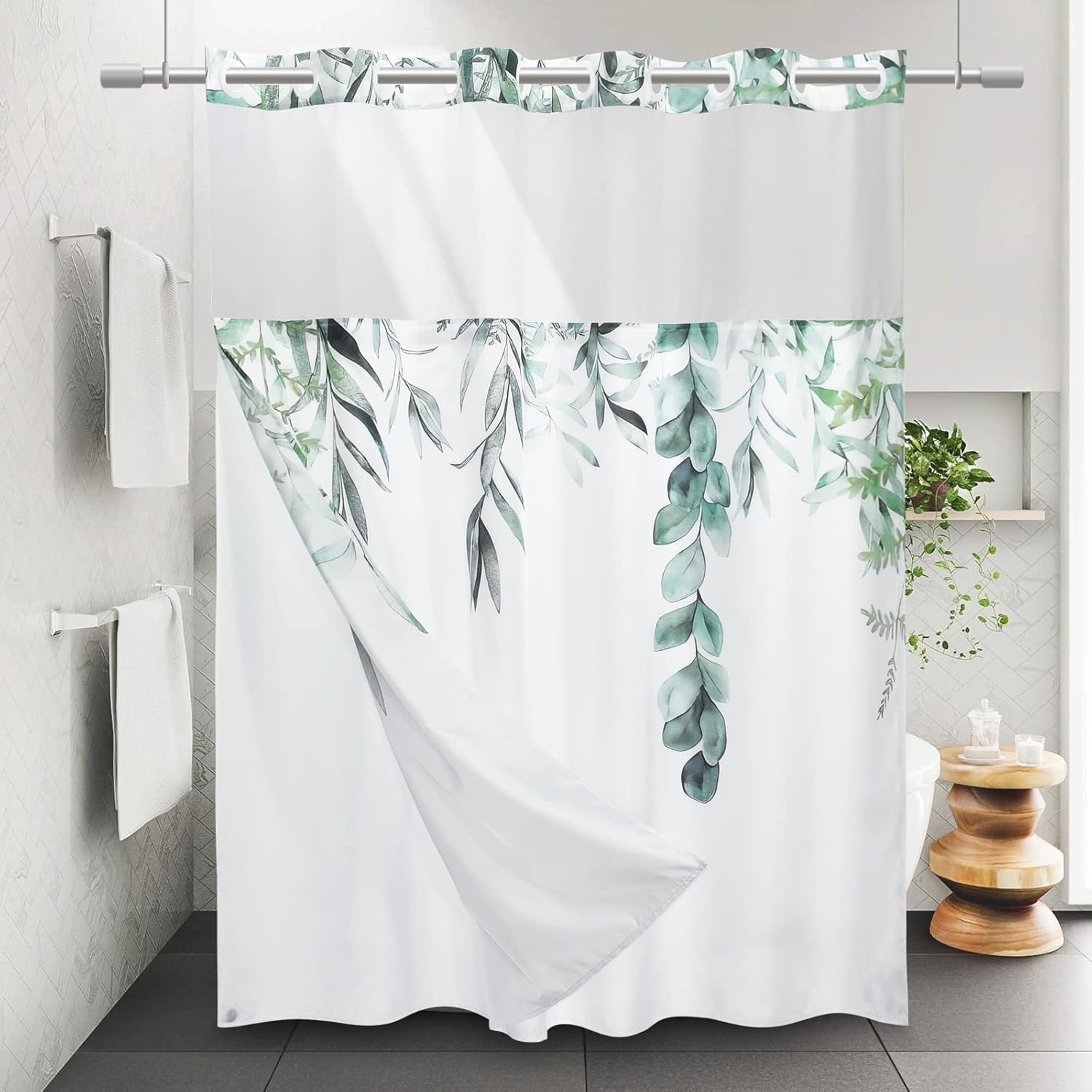 WITHLOC No Hook Shower Curtain with Snap in Liner Fabric Waterproof Inner Liner