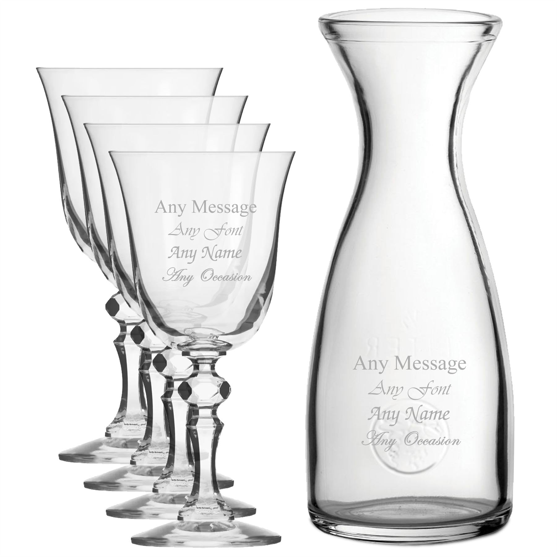 Juego de 4 copas de vino de cristal de jazmín y jarra de 1 litro, personaliza con cualquier mensaje para cualquier ocasión, estiliza a partir de una variedad de fuentes, cajas de regalo incluidas,