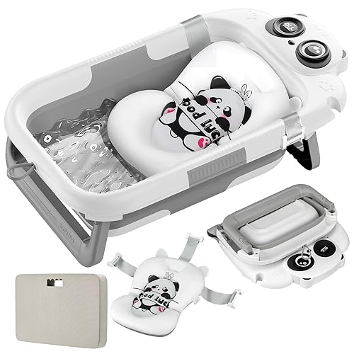 Bañera plegable gris para bebé con cojín y almohadilla para arrodillarse, bañera grande para bebés con termómetro y almohada de apoyo, bañera