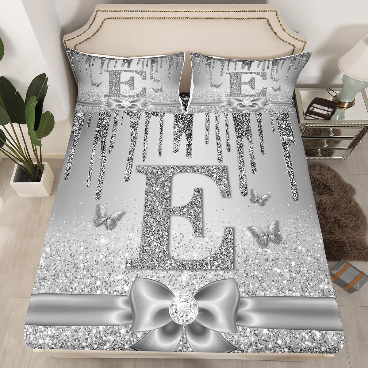 Erosebridal Personalized Initial E Bed Sheets Full Grey Princess Alphabet Letter Fitted Sheet Sequins Art Room Decor Bedding Set,Dreamy Glitter Monogrammed Bed Cover 3 Pcs
