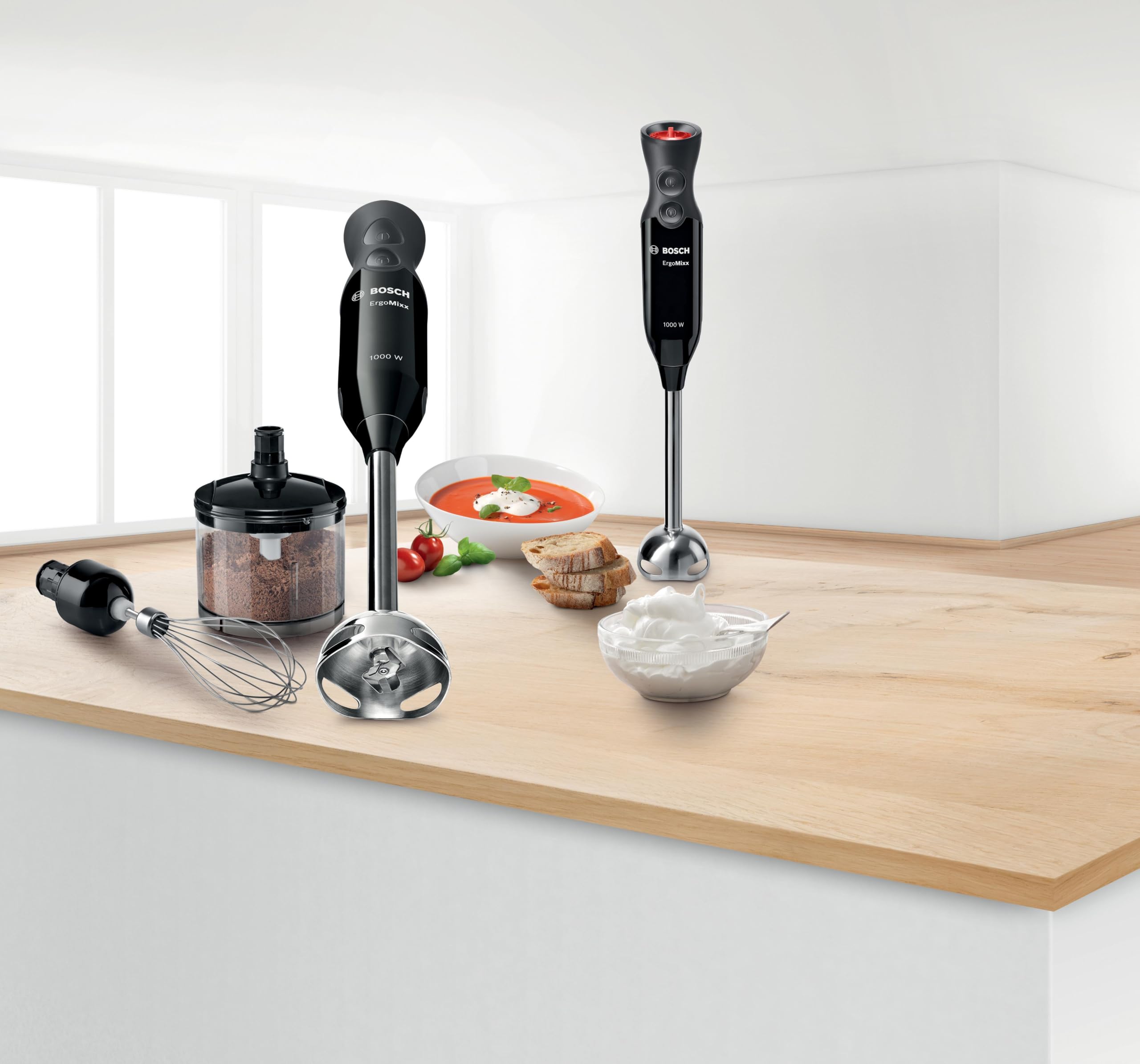 Bosch ErgoMixx – Batidora de mano 1000 W, 12+1 velocidades, Turbo, QuattroBlade, Picador y vaso, Negro antracita, MS61B6150