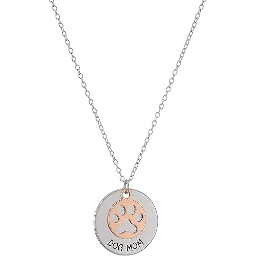 Amazon Collection Sterling Silver "Dog Mom" with 14k Rose Gold Plated Paw Print Disc Necklace, 18"