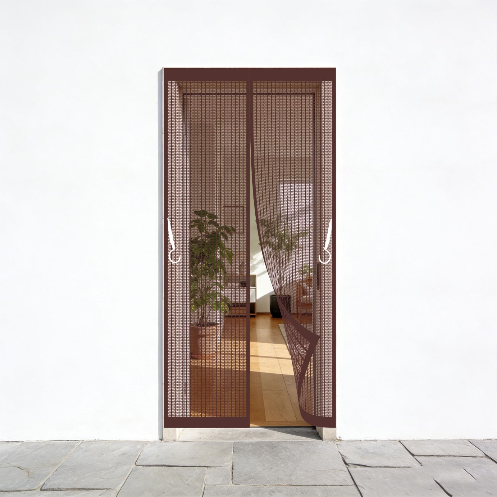 Moustiquaire pour porte sans perçage pour stopper les insectes avec sa maille fine marron