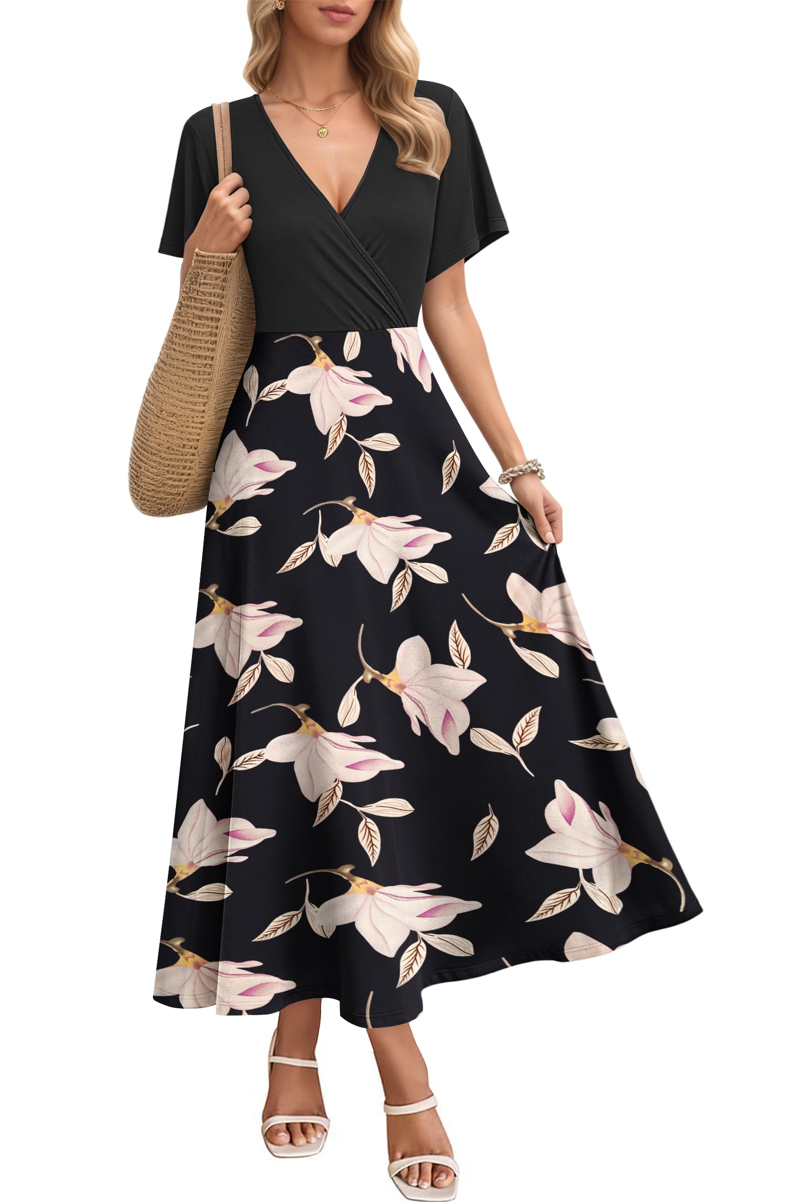 AUSELILY Boho Kleid Damen Lang Bodenlang Hohe Taille Lässiges Lockeres Sommerkleid mit Taschen Schwarz Prunkwinde S