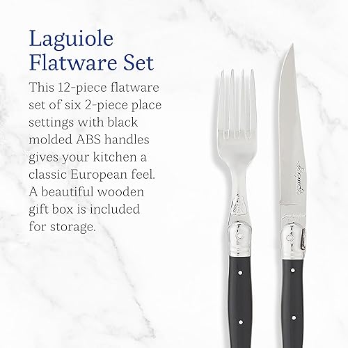 Miniatura 10 de Jean Dubost Laguiole - Juego de cubiertos de 12 piezas, asas color turquesa, acero inoxidable resistente al óxido, incluye bandeja de madera,