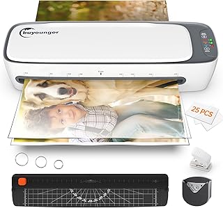 Laminator, Buyounger Laminator Machine with 60s Warm-up, A3 Laminator Cold and Thermal with 25 Laminating Pouches for A3 A4 A5 A6, 6-in-1 13 Inches Laminating Machine for Home School Office, White
