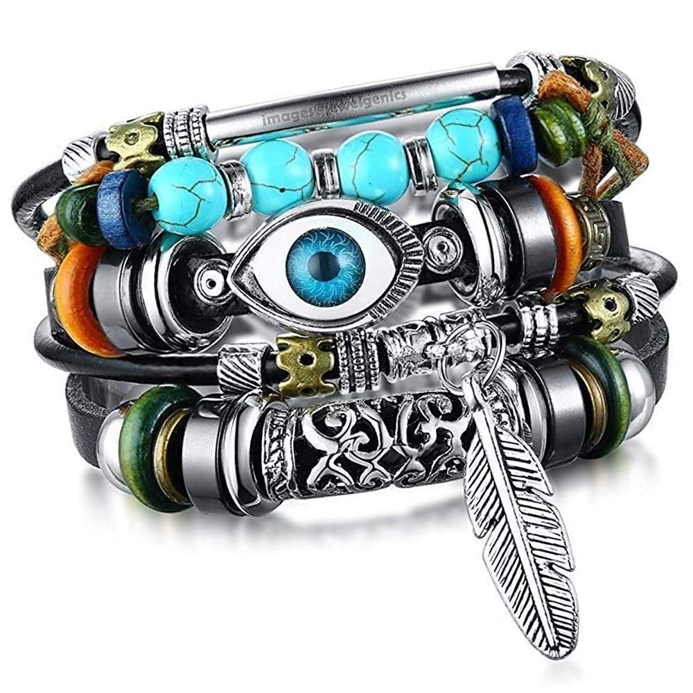 Jewelgenics Adjustable Silver Feather Evil Eye Charms Leather Bracelet for Men & Women (Multi-Color) (B08QJ81GMJ) Amazon Price History, Amazon Price Tracker
