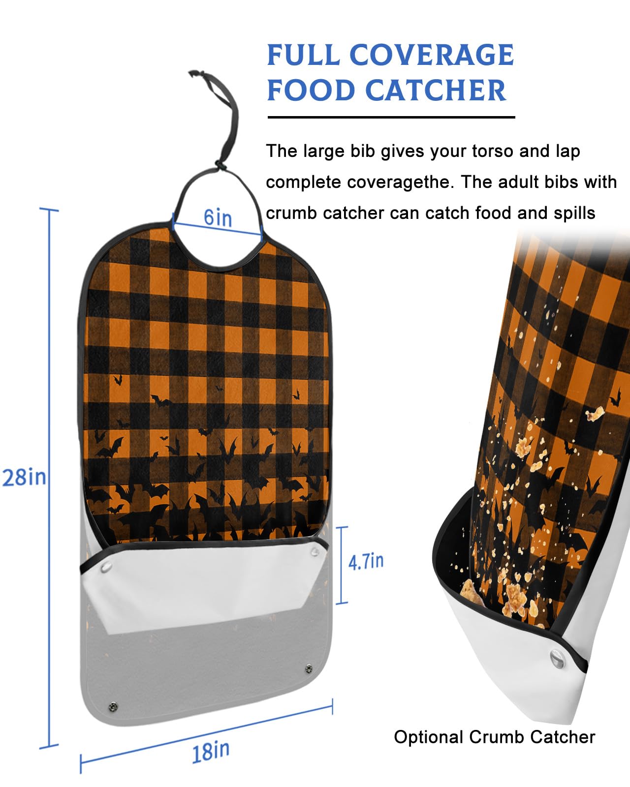 LEOKOTI Halloween Adult Bibs for Eating, Waterproof Bibs with Food Catcher & Adjustable Snap Closure, Watercolor Orange Black Plaid Bat Washable Clothing Protectors Adult Bibs for Elderly Women/Men