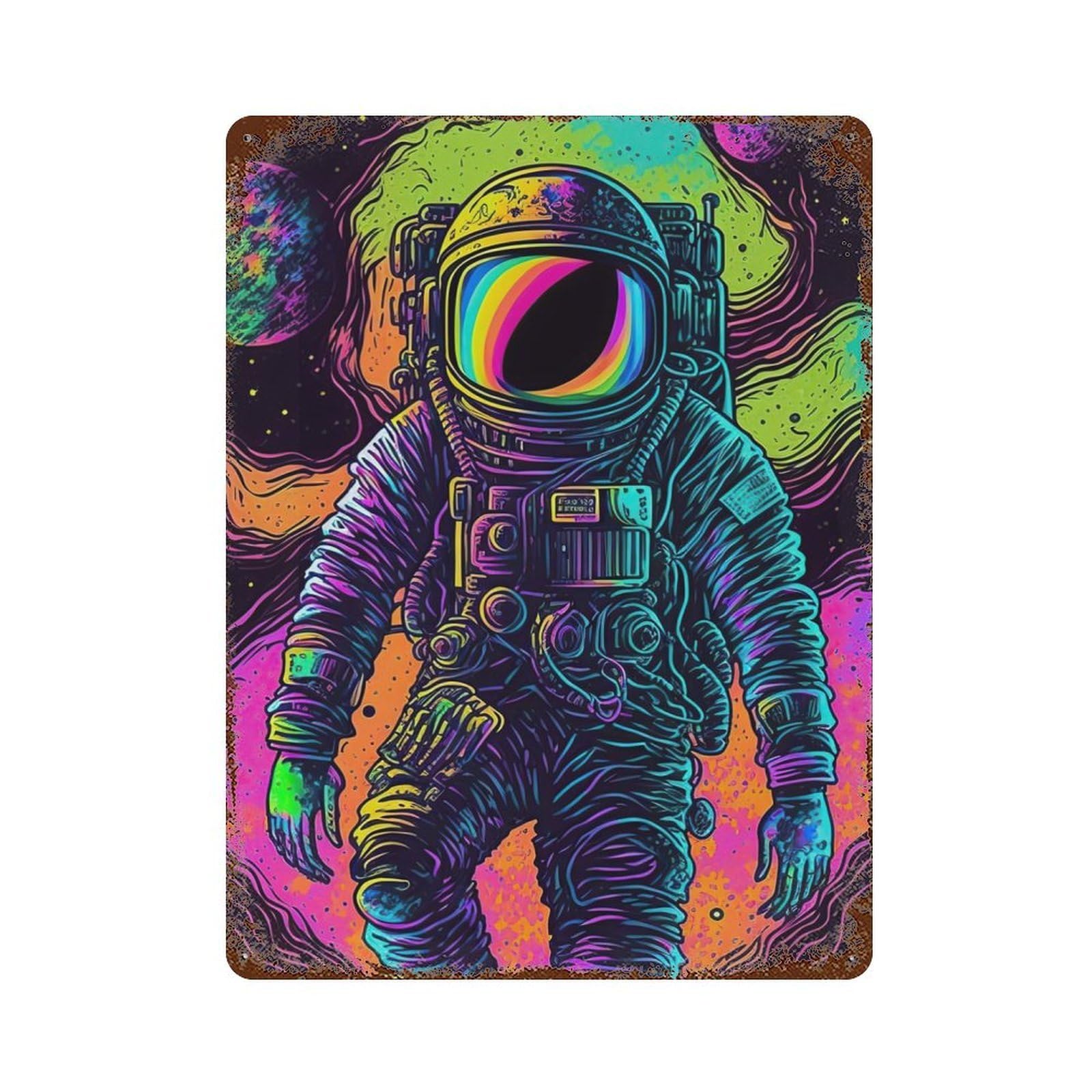 Rust Effect Psychedelic Astronaut Aged Metal Wall Plaque 15.7"x11.8", Rustic Home Decor for Bistro, Counter And Cafe Decor