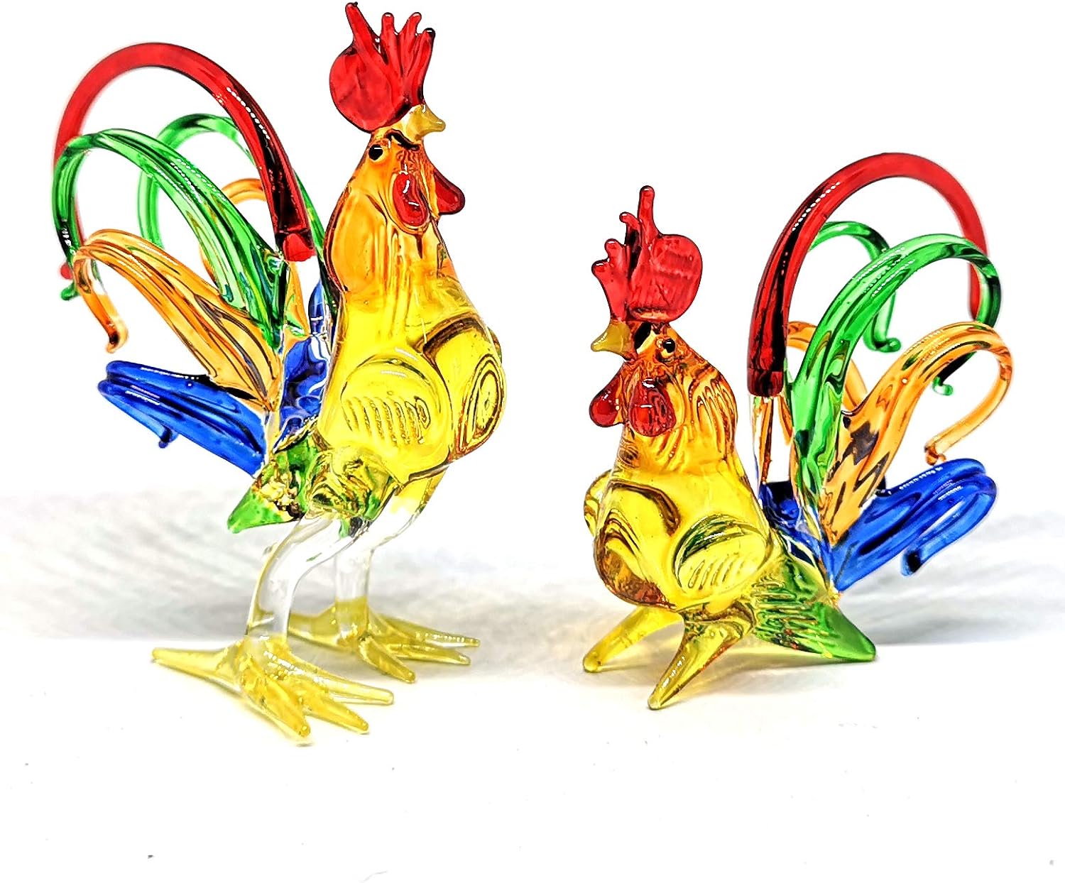 ZOOCRAFT Chicken Figurines Collectibles Hand Blown Glass Rooster Set of 2