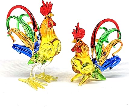 Chicken Figurines Collectibles Hand Blown Glass Rooster Set of 2