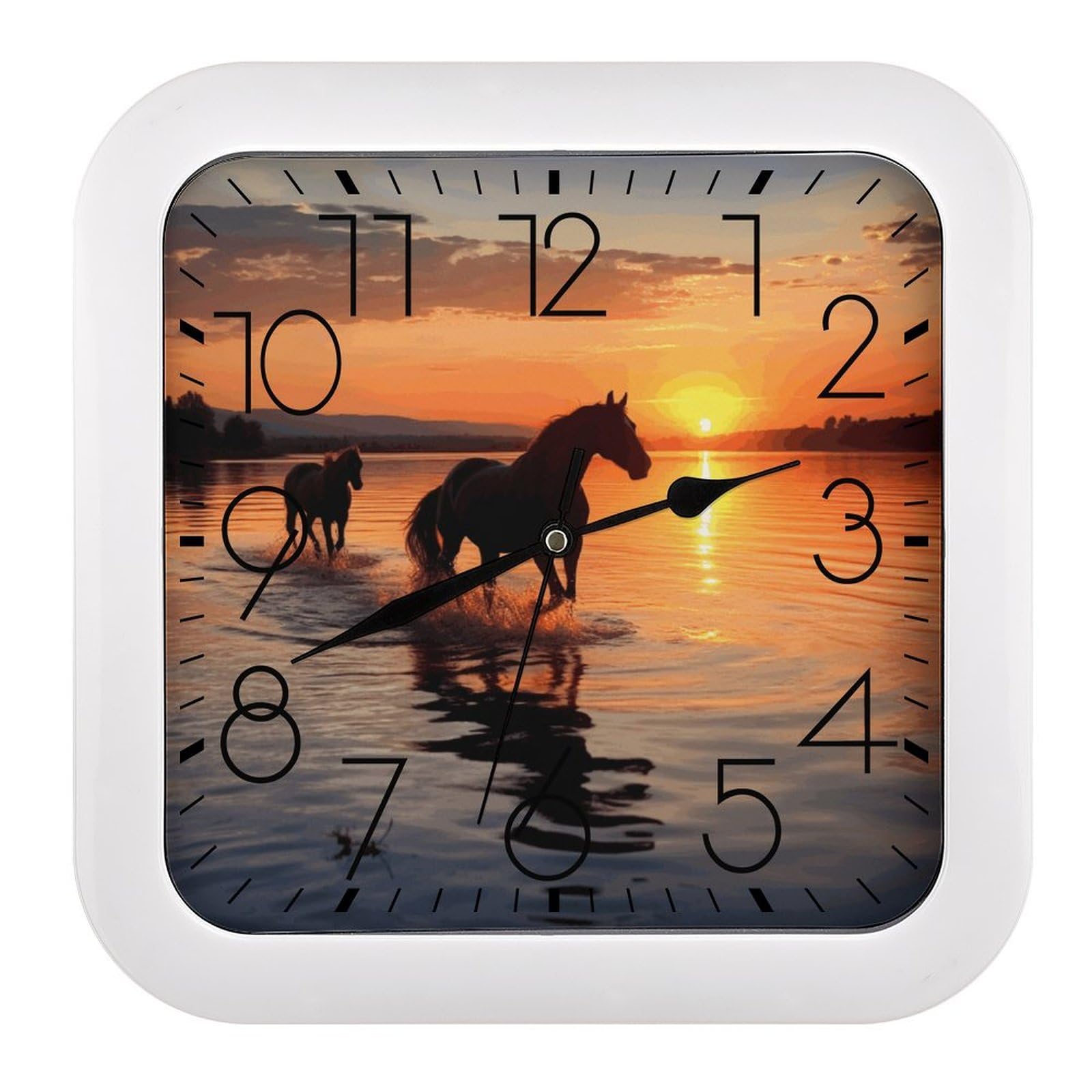 JTREHY Sunsets Lake Horses Wall Clock The Sound is Soft Square Timepiece Fashion Precise Easy to Read Numbers | Perfect Living Room Kitchen Or Office Clocks