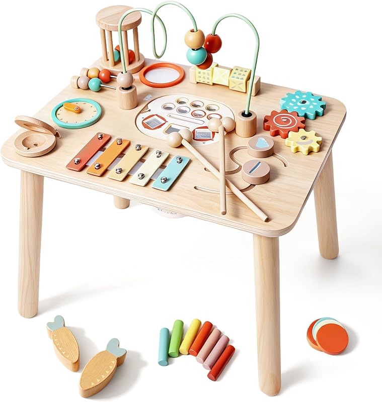 Juguetes Montessori para 1 año, mesa de actividades de madera para niños de 1 a 3 años, mesa de juego sensorial 13 en 1 con laberinto de cuentas, juego de pesca, clasificador de formas y xilófono, juguete de aprendizaje, regalo de primer cumpleaños