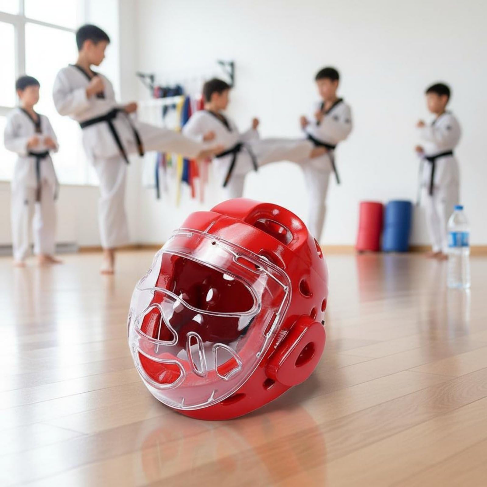 Gralara Casco Taekwondo con Maschera Integrale Paravisiera Trasparente Imbottitura Antiurto Mentoniera Elastica Stabilità Sicura Adatto per Allenamento Sparring Arti Marziali