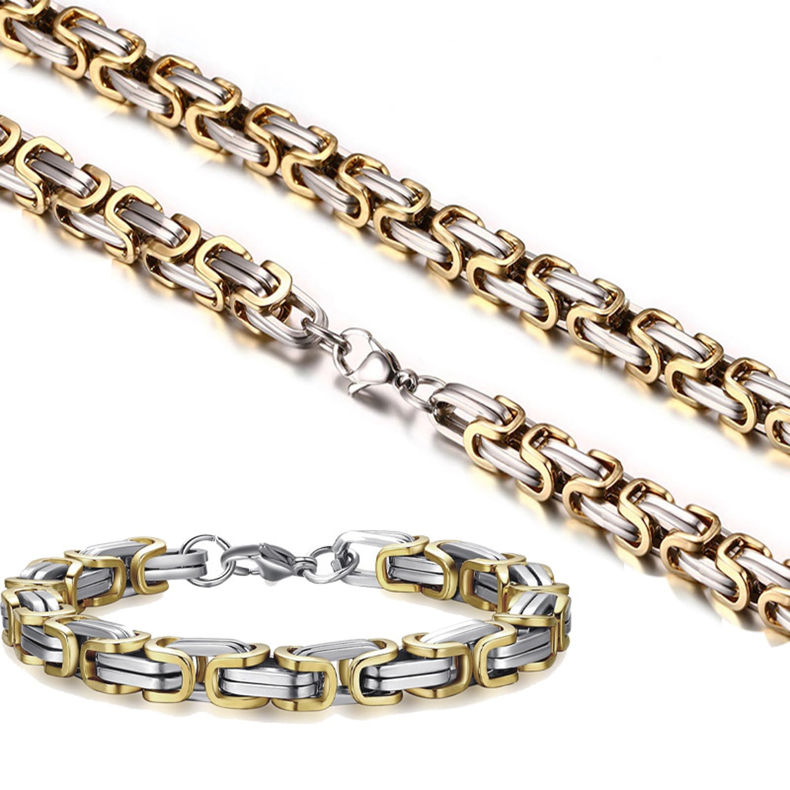 Ensemble collier et bracelet pour homme, collier en acier inoxydable, largeur de la chaîne : 6 mm, fait à la main, couleurs or et acier, Acier inoxydable, Pas de gemme
