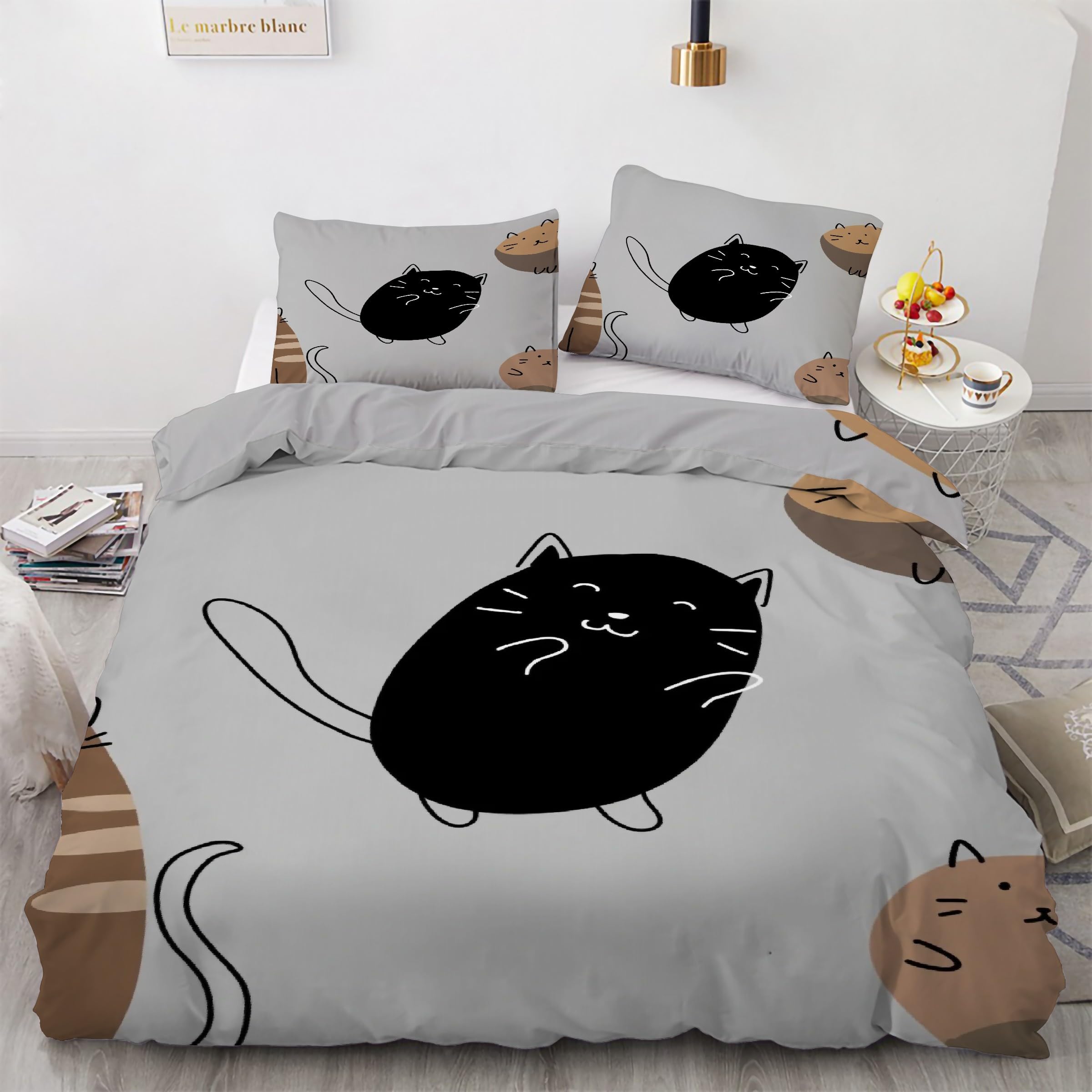 Housse de Couette 160x200 Chat Lit Adulte sans Repassage avec Taies d'oreiller Noires