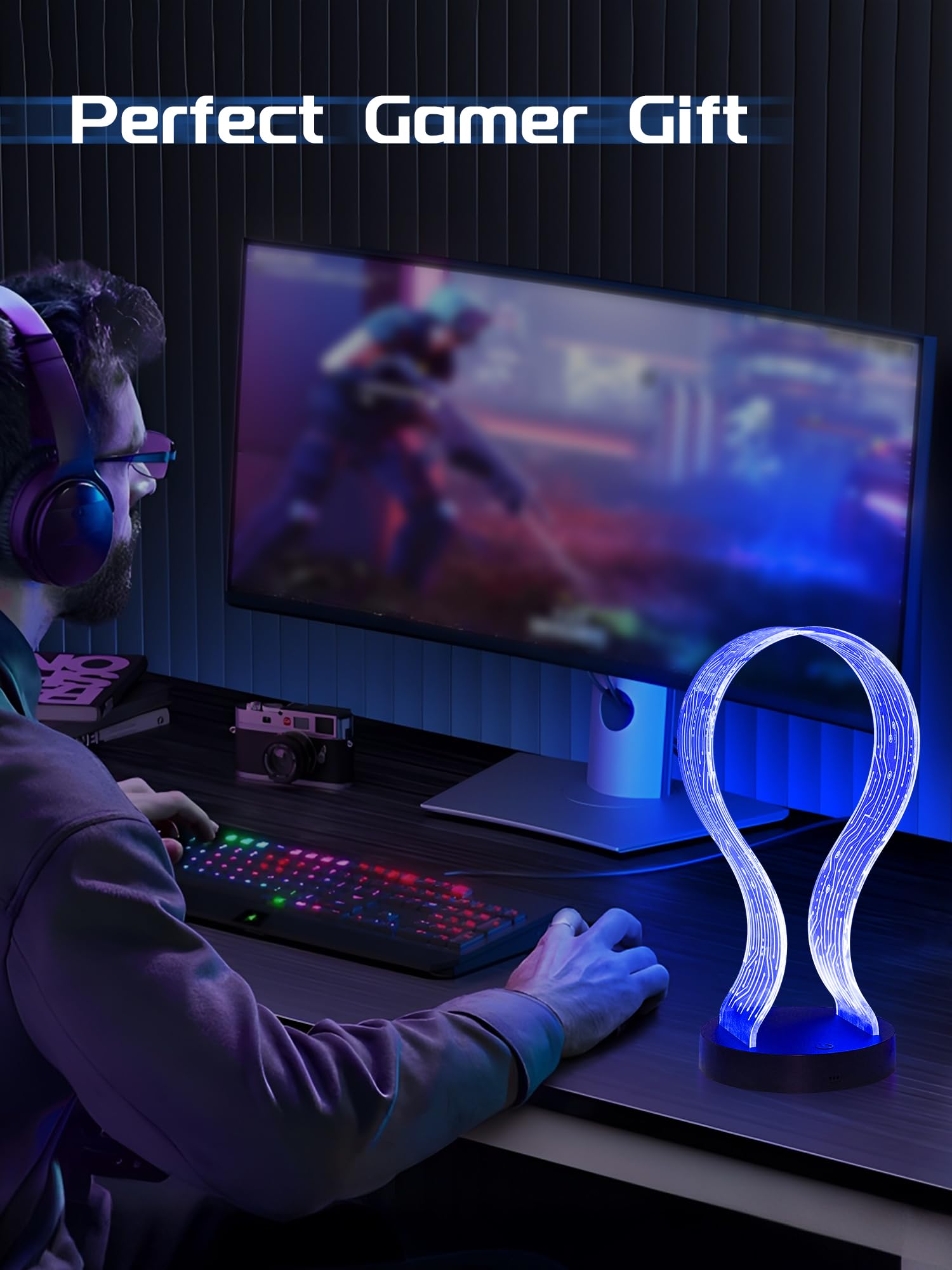 Beleuchteter Kopfhörerständer mit 16 Farben Lichtern, Acryl Kopfhörer Stand mit USB und Typ-C Ladeanschlüsse, Geschenke für Gamer