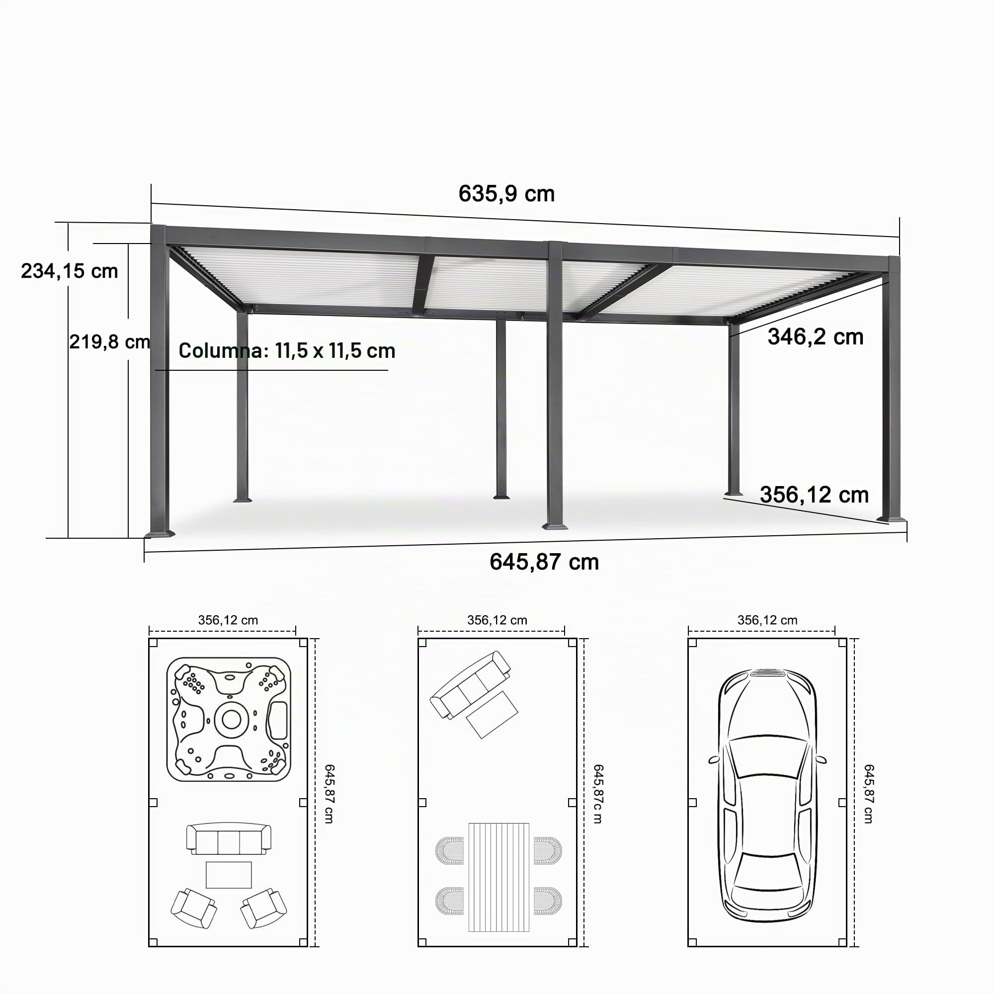 PURPLR Leaf Pergola Bioclimatica 6.35 x 3.5 m Pergolas de Jardin con Lamas Grises Orientables, Pergolas de Aluminio con Postes Blancos para Terraza de Jardín de Estilo Contemporáneo