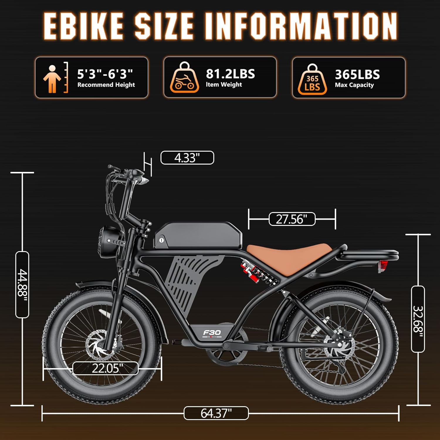 Diagram showing the dimensions and weight specifications of the Misodo F30 ebike