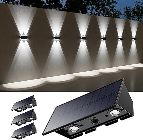 Paquete de 4 luces de pared alimentadas por energía solar para exteriores, montaje en valla de arriba y abajo, lámparas LED decorativas impermeables