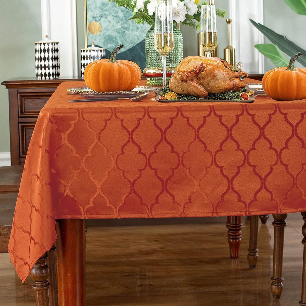 Jacquard Tablecloth Flower Patterns Polyester Table Cloth Spill Proof Dust-Proof Wrinkle Resistant Table Cover for Kitchen Dining Decorations (Rectangle/Oblong 60" x 120" (10-12 Seats),Rust)
