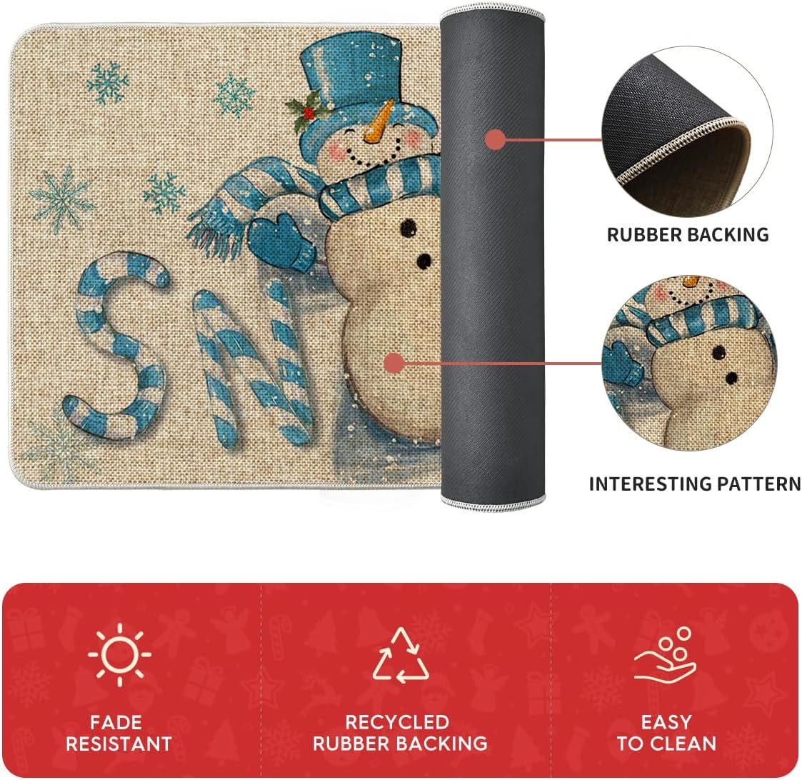 Artoid Mode Blue Candy Cane Snowman Let It Snow Winter Kitchen Mats Set of 2, Christmas Low-Profile Home Decor Kitchen Rugs for Floor - 17x29 and 17x47 Inch