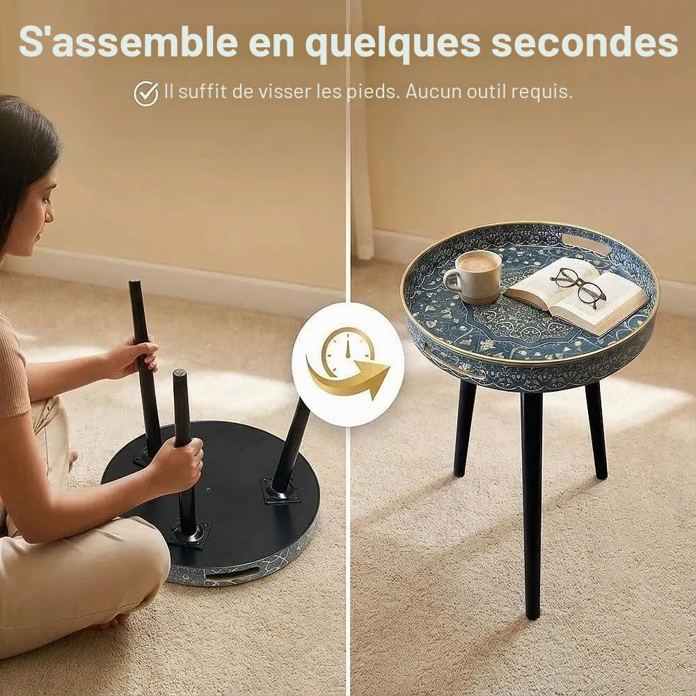 Tables d'appoint rondes d'extérieur avec 3 pieds en bois détachables, table plateau polyvalente, parfaite pour table basse ronde à café et à thé, et moment de détente 45 cm (Bleu Maze)