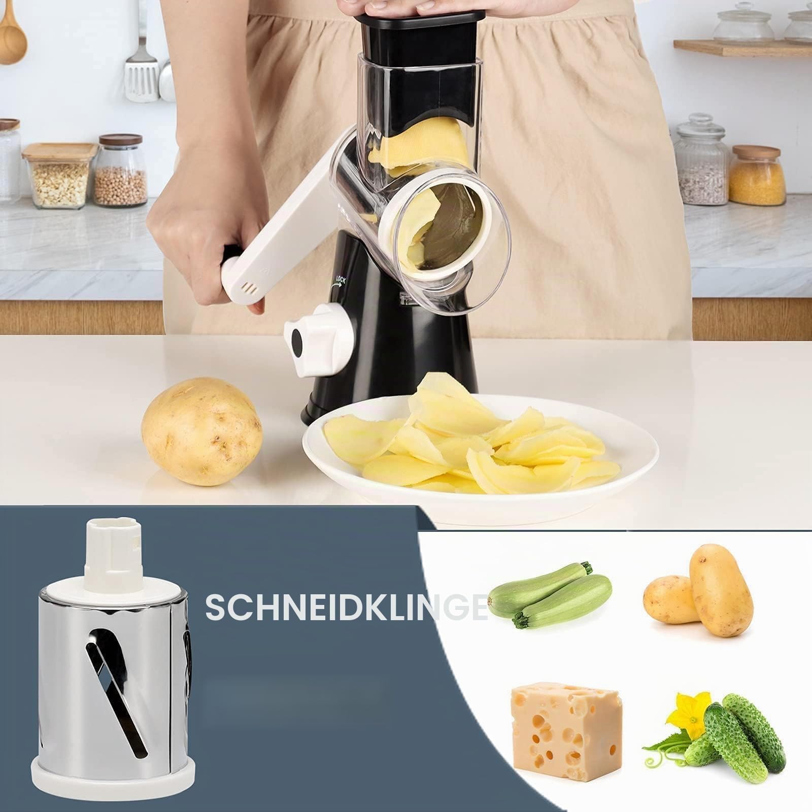 KEOUKE Rotary Cheese Reibe mit Griff Gemüse Käse Shredder Slicer Reibe für Küche 3 Wechselklingen für Käse Kartoffel Zucchini Nüsse Schokolade - Schwarz