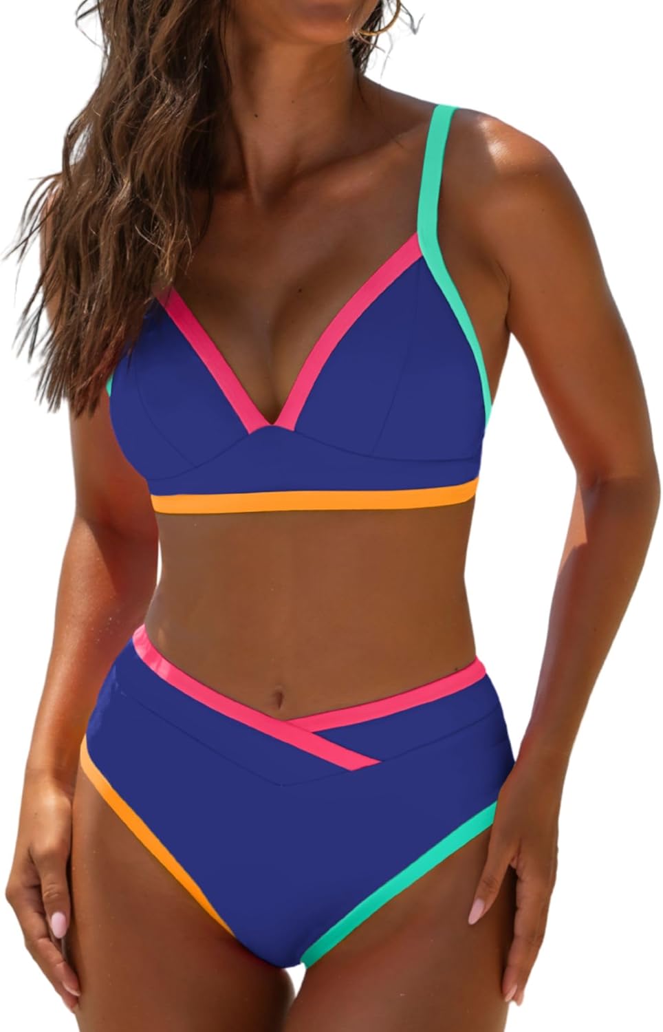 popvil High Waisted Bikini Sets for Women Neon Two Piece Swimsuit Sexy High Cut 2026 Bathing Suit