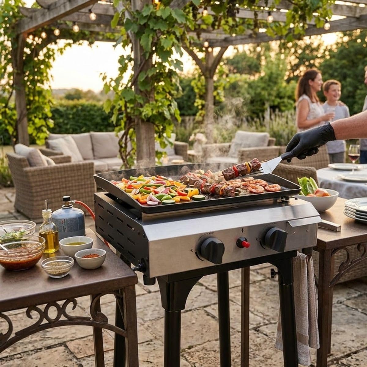 INTEC - Plancha gaz 4800W 2 Bruleurs Allumage Piezo Hauteur Réglable - Plaque de cuisson Céramique Camping Butane/Propane Cuisine Extérieure