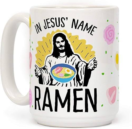 LookHUMAN In Jesus' Name Ramen White Taza de café de cerámica de 15 onzas