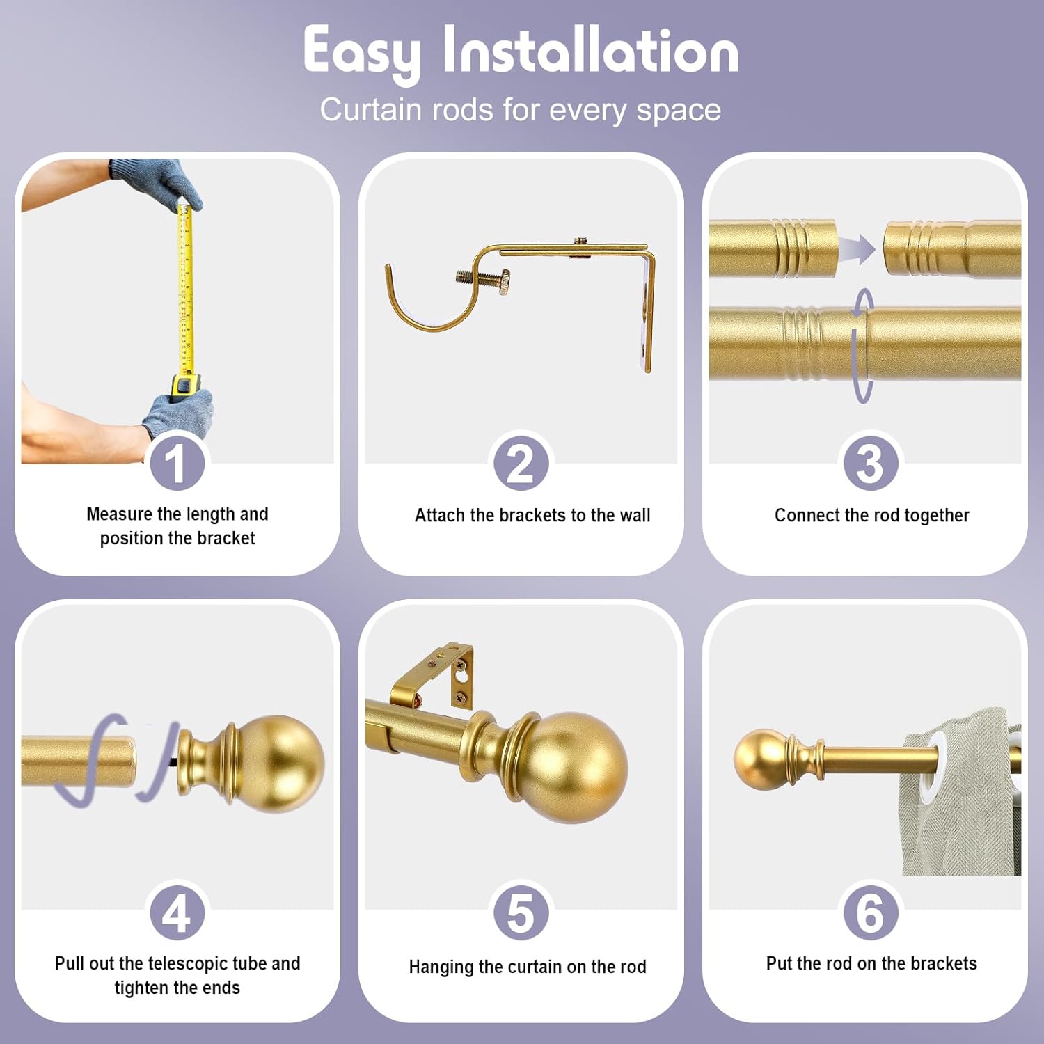 1 Inch Gold Curtain Rods for Windows 72 to 144 Inch - Adjustable Drapery Rods with Exquisite Finial for Living Room, Bedroom, Kitchen, Outdoor Patio (Gold,32-144")