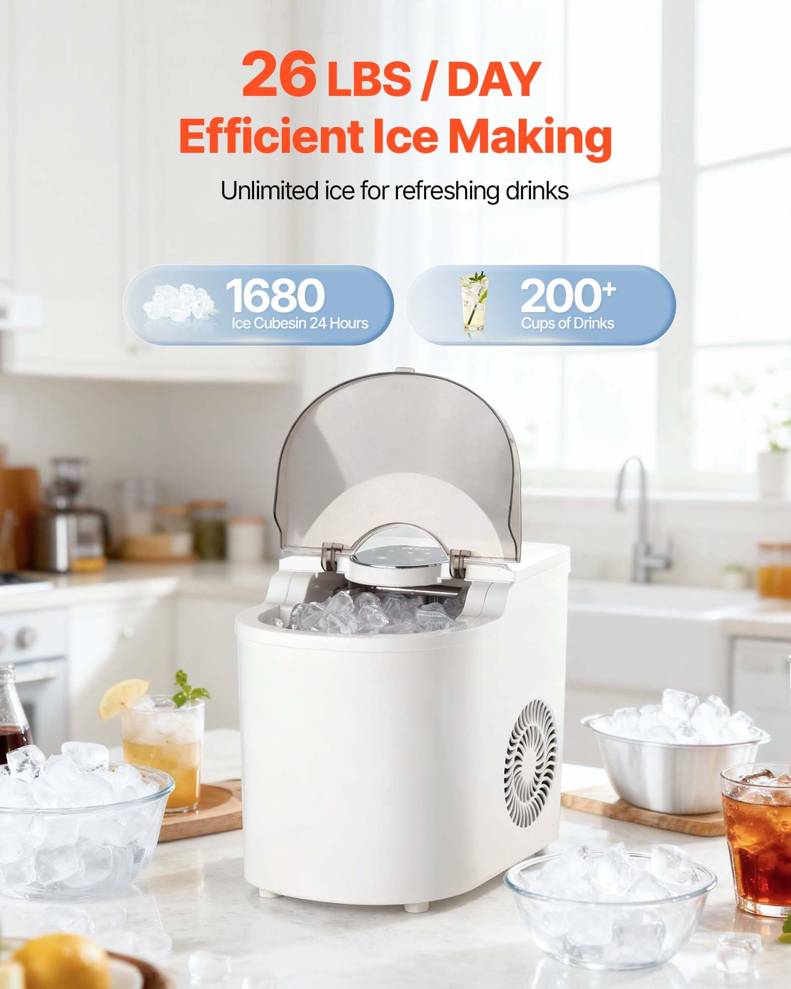 VEVOR Tisch-Eiswürfelmaschine, 7 Eiswürfel in 6 Minuten, 11,8 kg pro Tag, selbstreinigendes Gerät mit Eisschaufel, Eiswürfelmaschine mit 2 Größen von Kugeleis für Zuhause Küche, Büro Bar Party