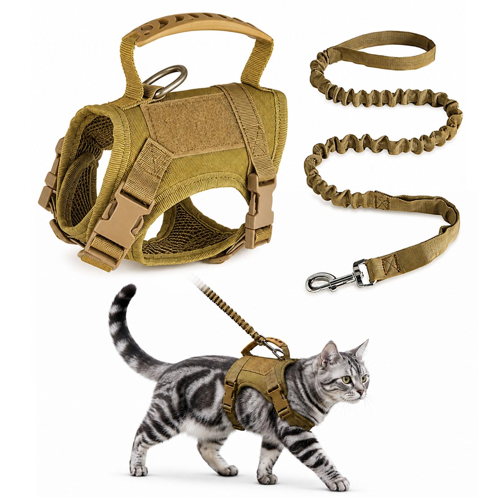 Tactical Cat Harness and Leash Set, Adjustable, Tan