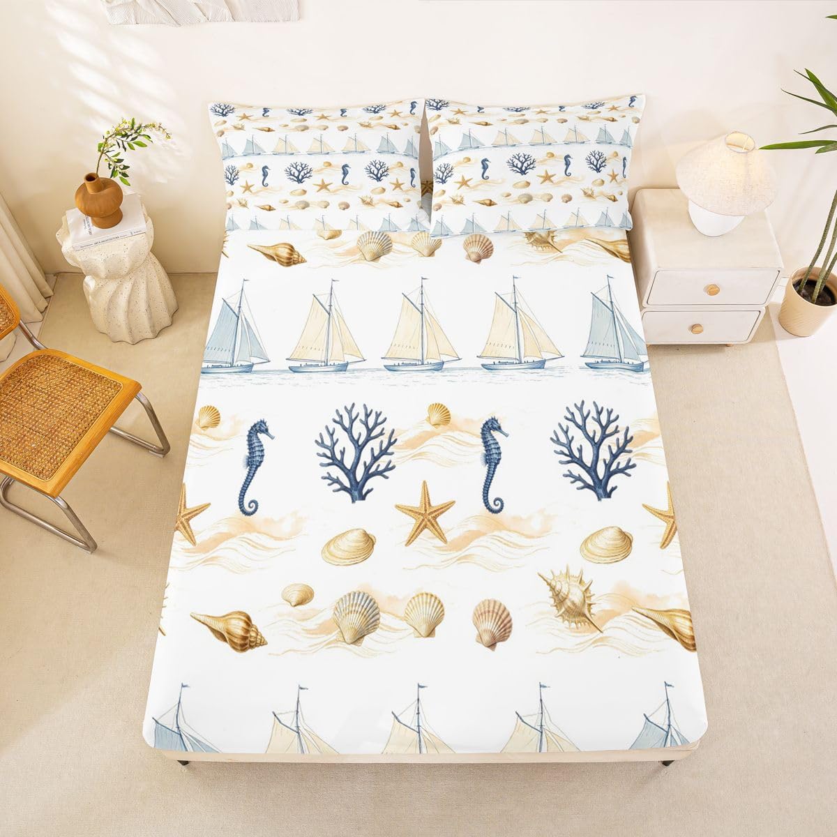 Starfish Seahorse Shell Bedding Set Full Boat Nautical Ocean Fitted Sheet Watercolor Coastal Animal Bed Sheets for Kids Boys Girls,Sea Ocean Creature Bed Cover 3 Pcs