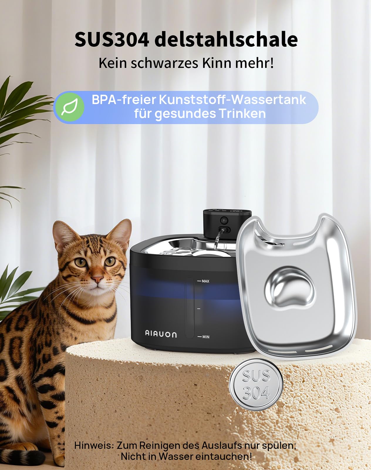 Katzenbrunnen kabellos 118oz/3,5L Drahtlos & Ultra-leise mit Sensor- und Zeitmodus,Edelstahlpalette, batteriebetriebener Trinkbrunnen für Katze,Trinkbrunnen für Katze (3.5L Katzenbrunnen+2Filter)