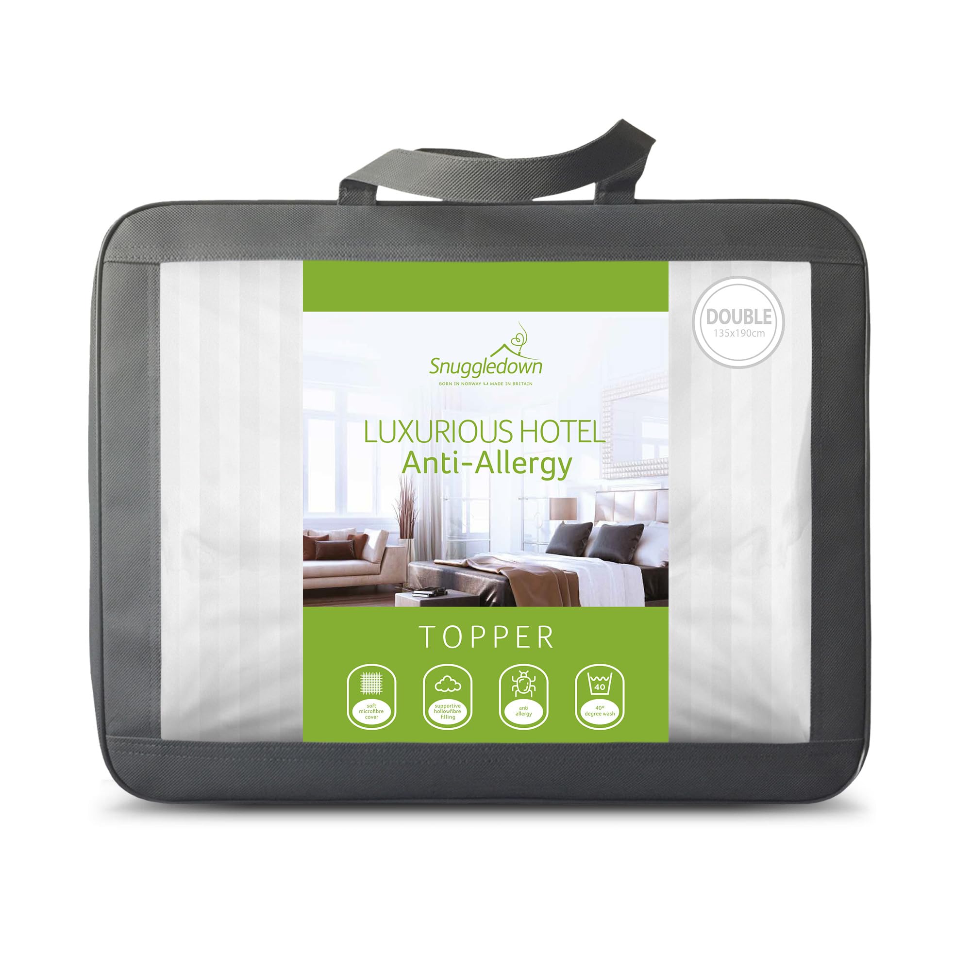 Snuggledown Luxurious Hotel Anti Allergy Mattress Topper Double Bed - Bouncy & Soft Premium Anti Bacterial Mattress Cover - Luxury, Comfortable, Hypoallergenic, Machine Washable (135cm x 190cm)