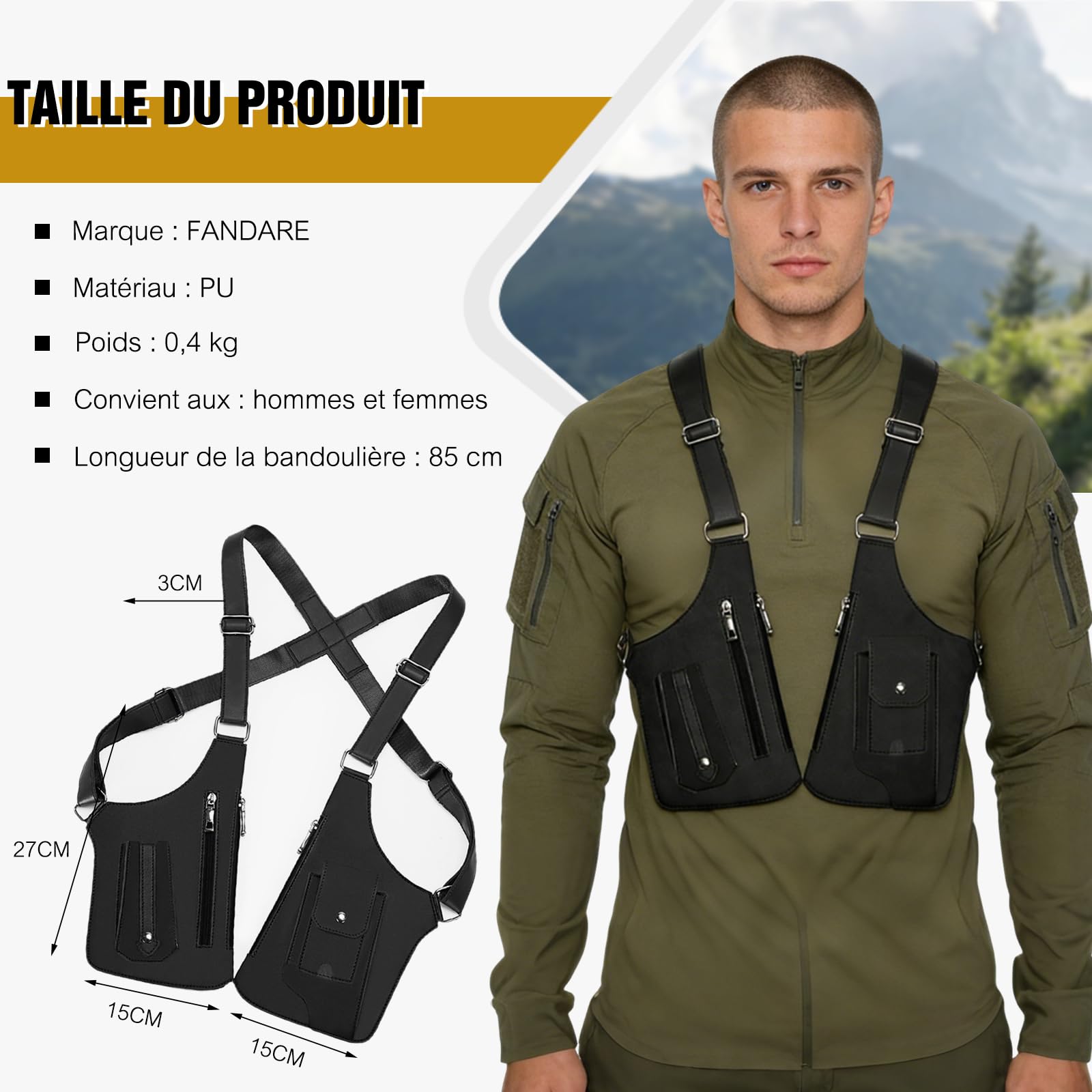 FANDARE Antivol Sac Poitrine Sac sous les bras Sacs de Double Bandoulière en cuir PU Sacoche holster d'Epaule pour Homme Femme Voyage Randonnée Vélo Camping Excursion Impermeable Sling Crossbody bag