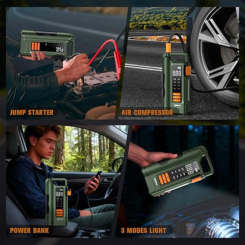 Miniatura 8 de Arrancador de coche  6000 A Peak Portable Jump Starter Power Pack, 4 modos de luces LED de salto seguro, compresor de aire para coche