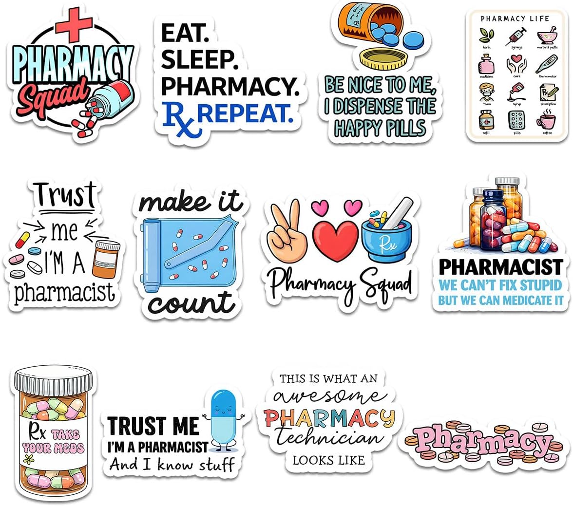 (12pcs-3in) Pharmacist Sticker Stickers Funny Pharmacy Humor Medical Rx Fun