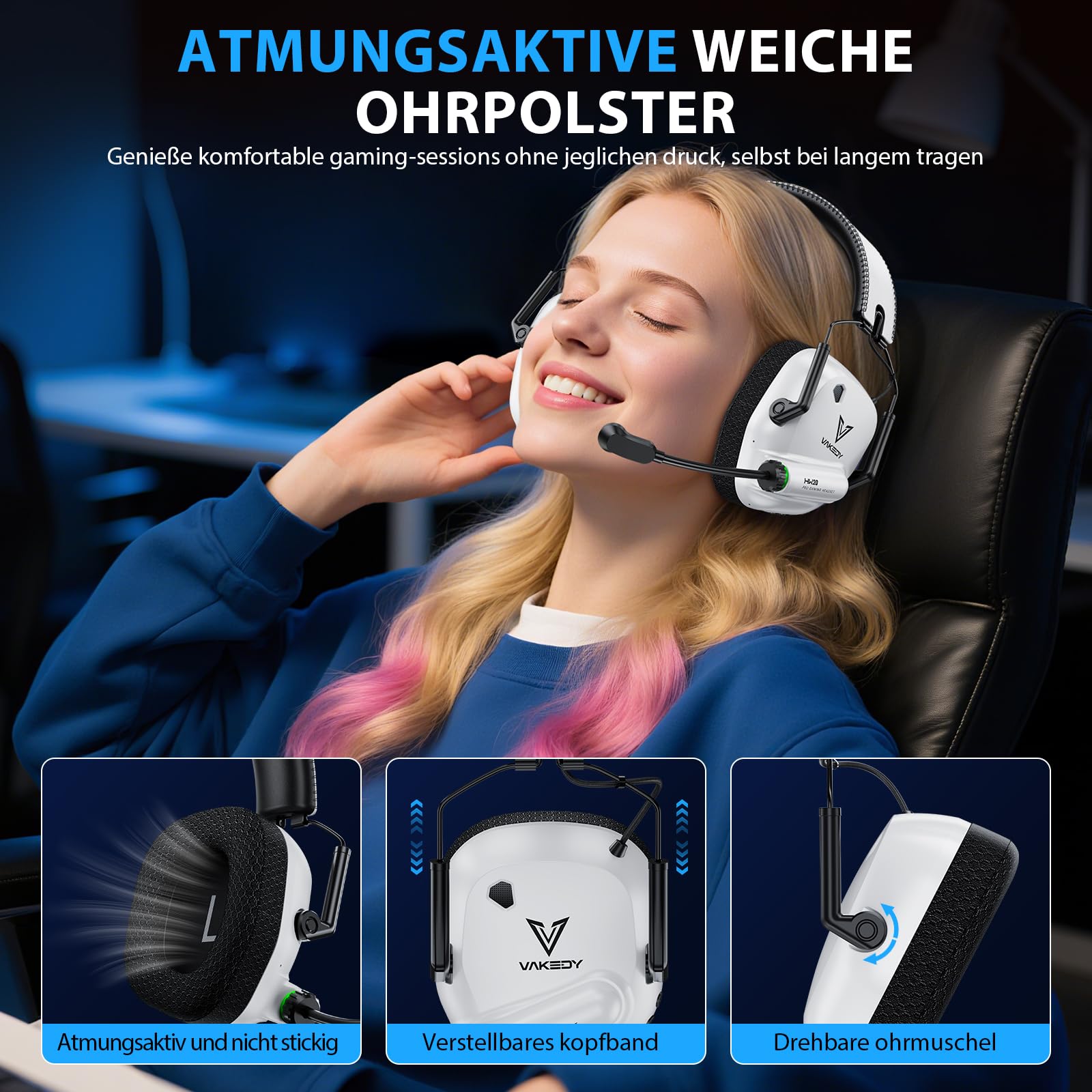 Vakedy Gaming Headset Wireless, 2,4 GHz USB & Bluetooth Gaming Kopfhörer mit Mikrofon, 50 mm Treiber, geringe Latenz, 50 Std Akku, Kopfhörer Kabellos für PS5, PS4, PC, Mac, Switch (Weiß/Schwarz)