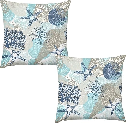 Nautical Coastal Throw Pillow Covers，Ocean Seashell Coral