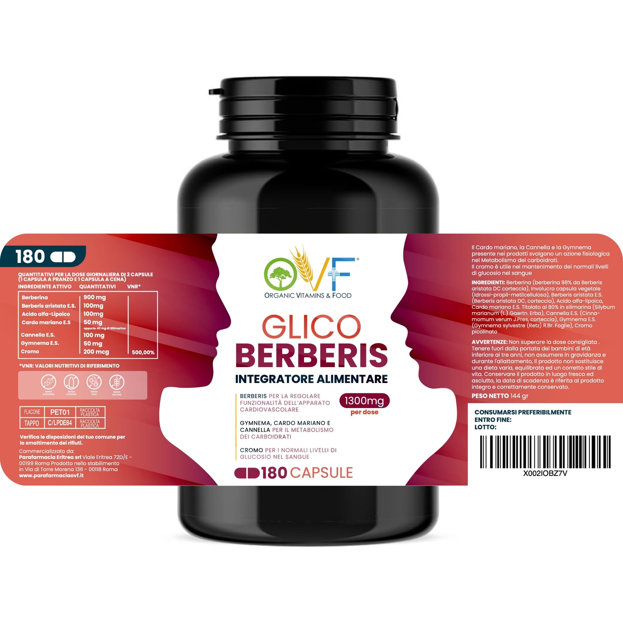 OVF Glico Berberis 180 cps Integratore Alimentare con Berberina, Acido Alfa Lipoico, Gymnema, Cardo Mariano, Cromo e Cannella Supporta Metabolismo e Favorisce la Funzionalità Cardiovascolare