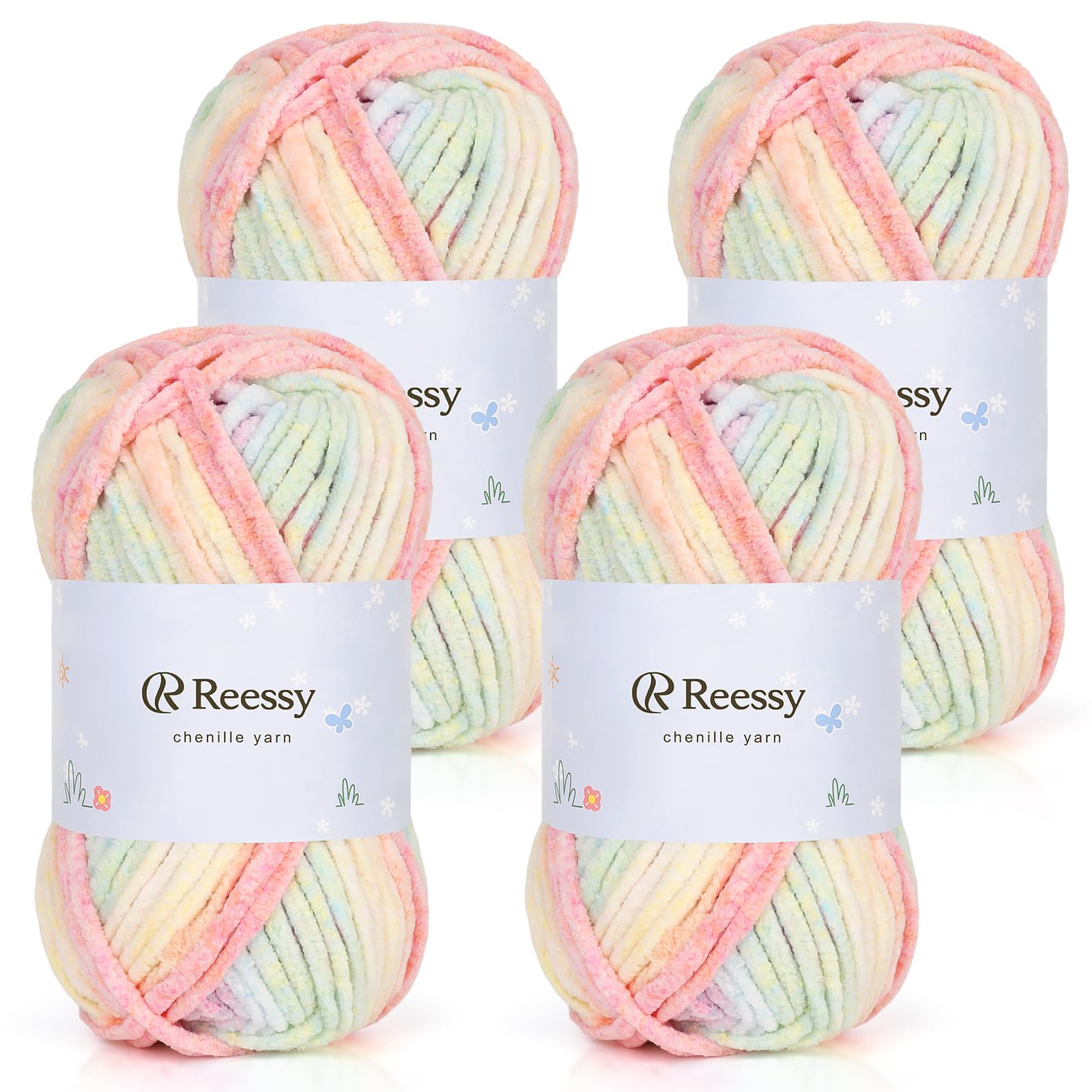 Reessy Chenille Yarn, Chunky Yarn for Crochet, 4×50g Chunky Wool-Macaron